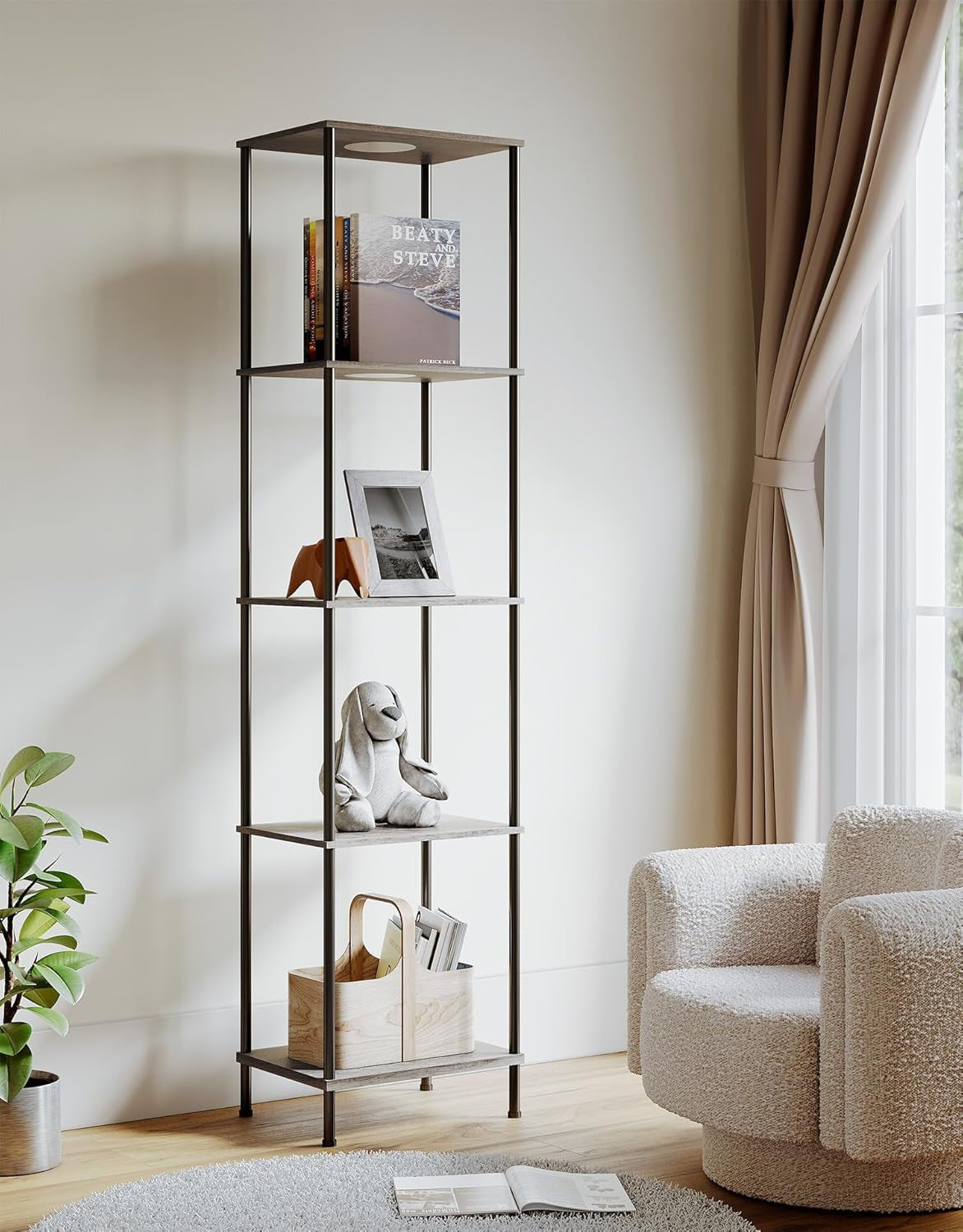 display shelf floor lamp books plants home styling